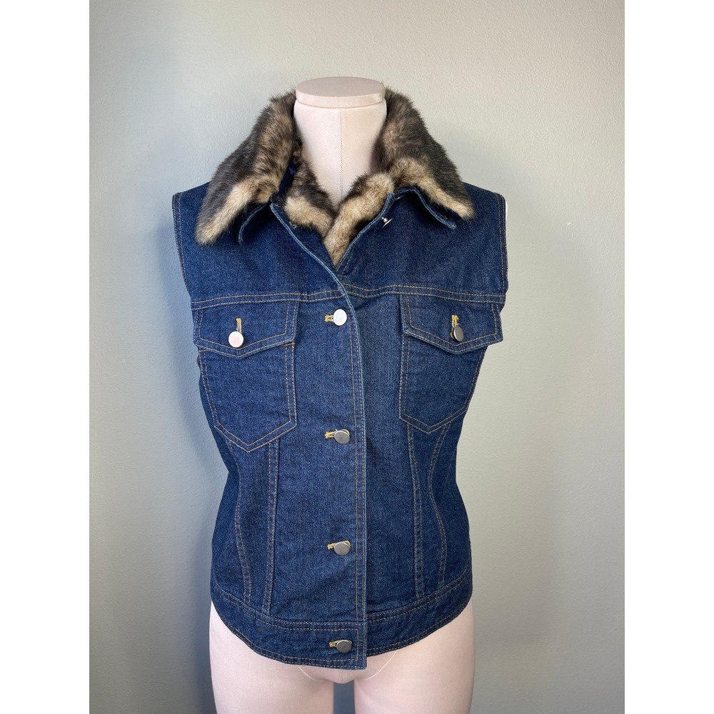 Valerie Stevens Denim Vest Blue Detachable Faux Fur Trim Medium